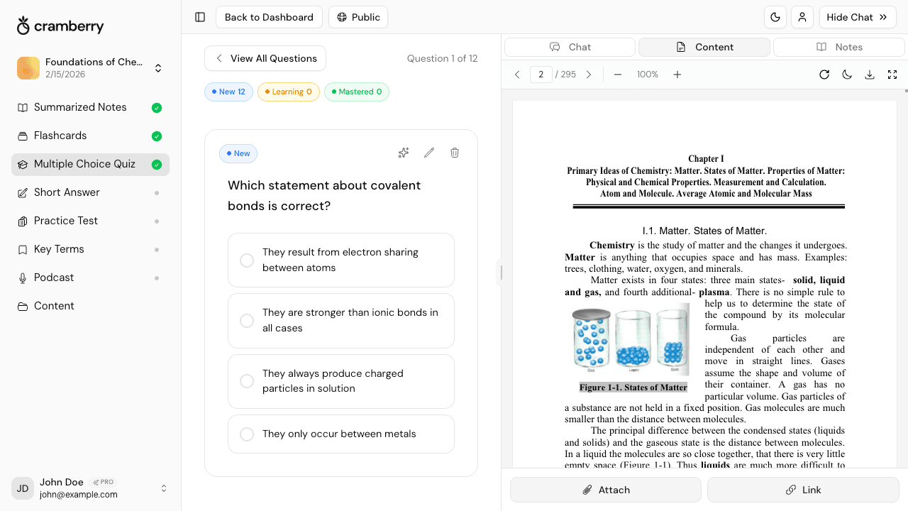 AI short answer question generator creating written response questions from PDF textbook - Cramberry free question maker