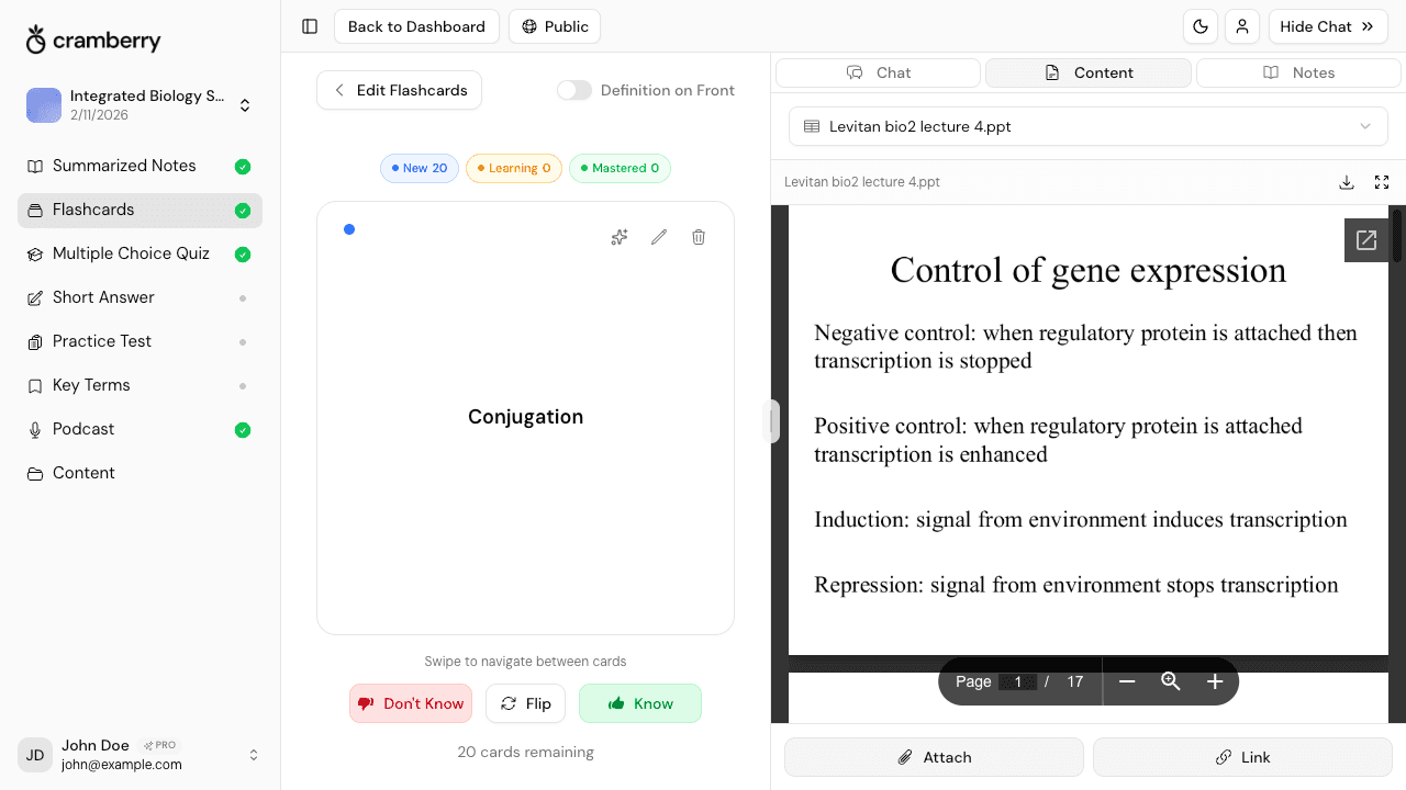 PowerPoint to flashcard converter interface showing AI-generated flashcards from lecture slides