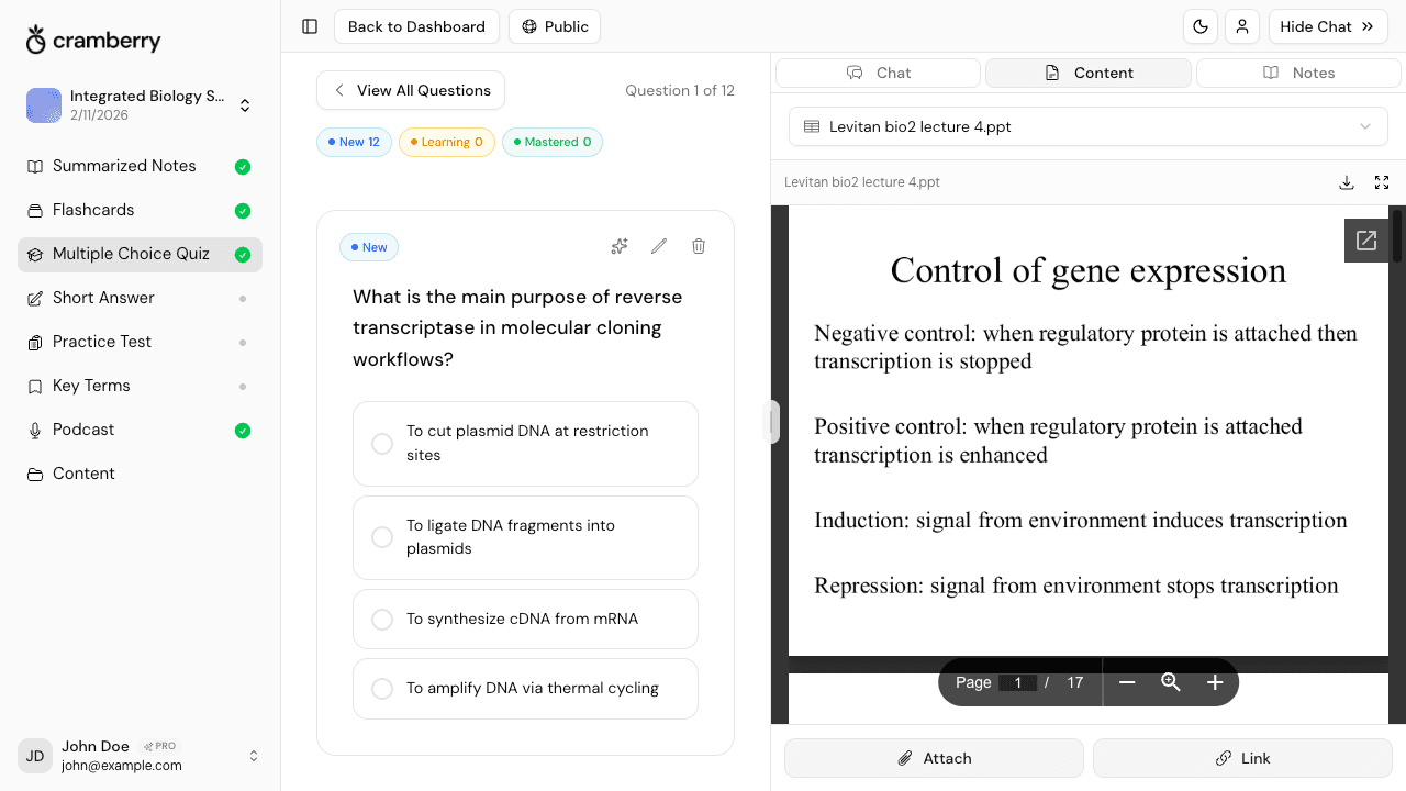 PowerPoint to quiz converter showing AI-generated practice test questions from lecture slides