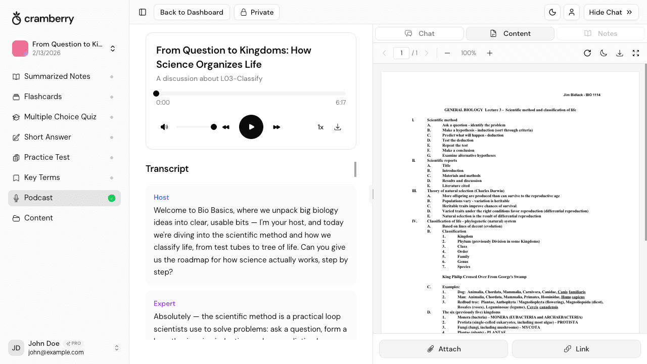 AI podcast generation demo showing the Cramberry interface
