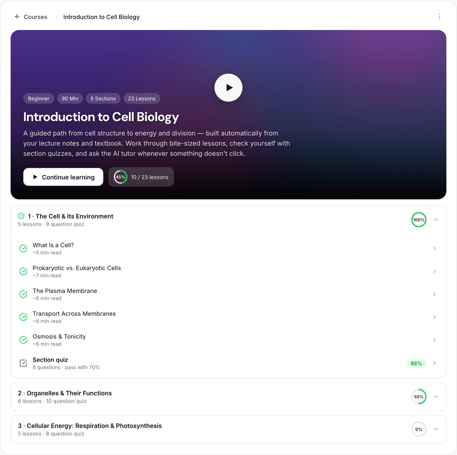 AI course generator creating a structured study path from uploaded PDFs, slides, and YouTube videos