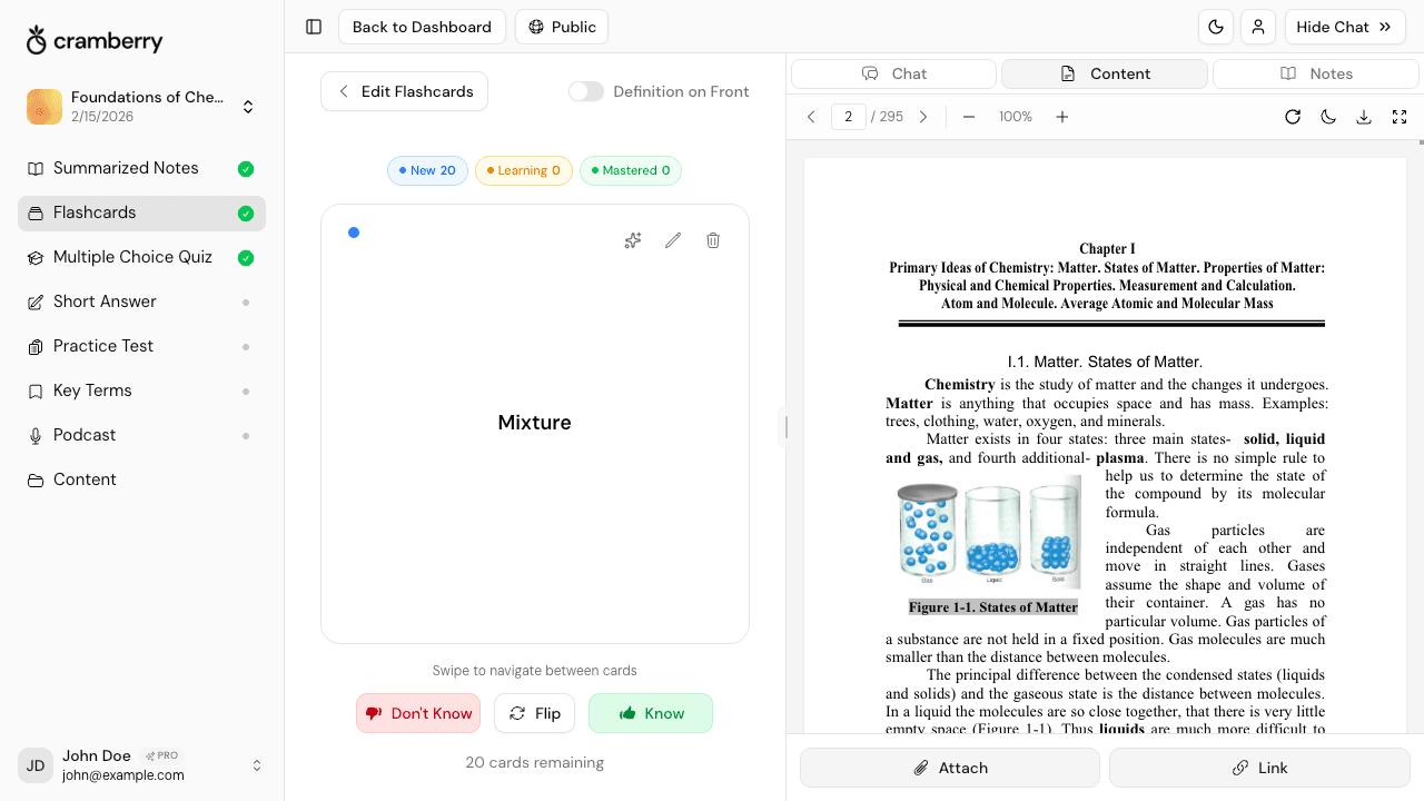 Interface do conversor de PDF para flashcards mostrando flashcards gerados por IA a partir de um PDF de livro didático