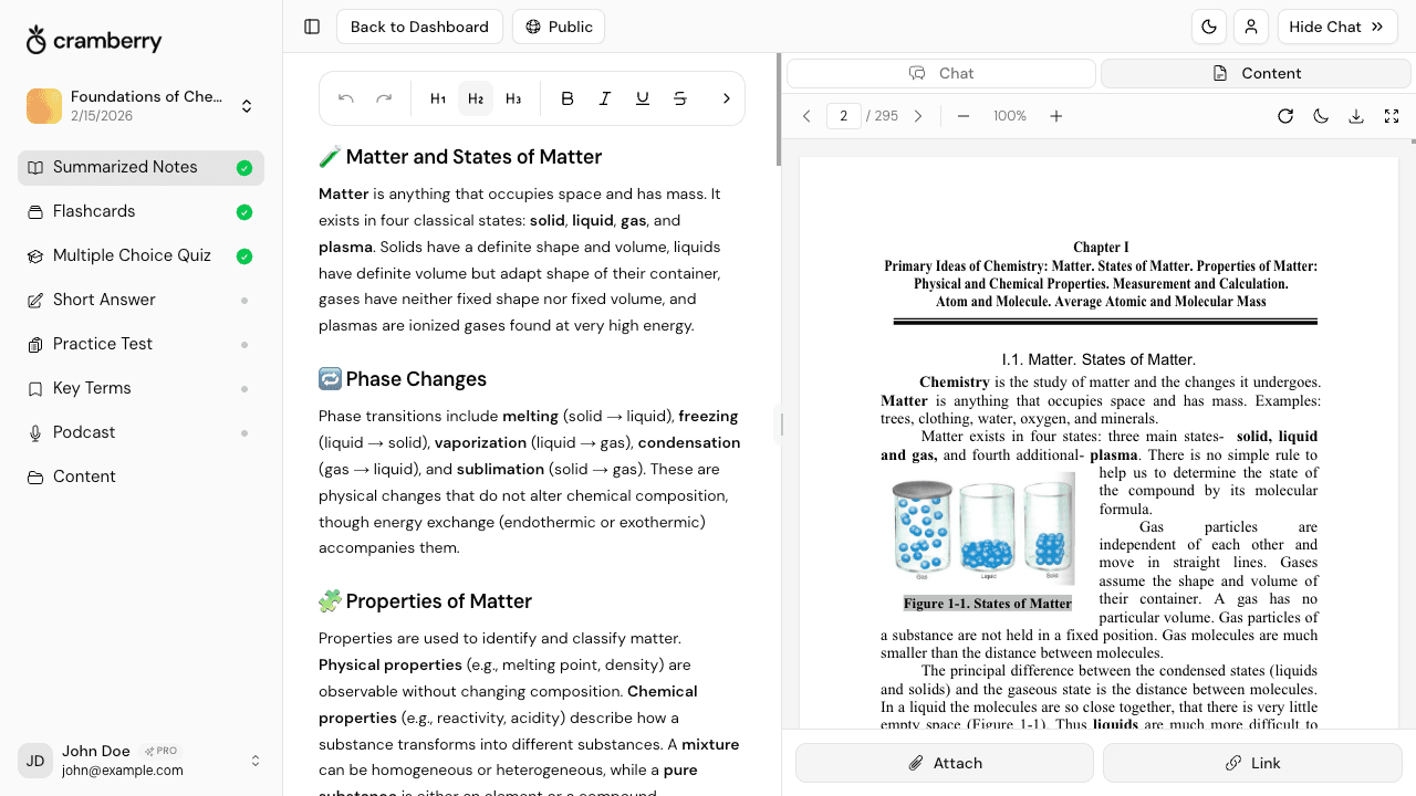 AI study guide generator showing structured notes, key terms, flashcards, and quizzes created from uploaded lecture notes and PDFs