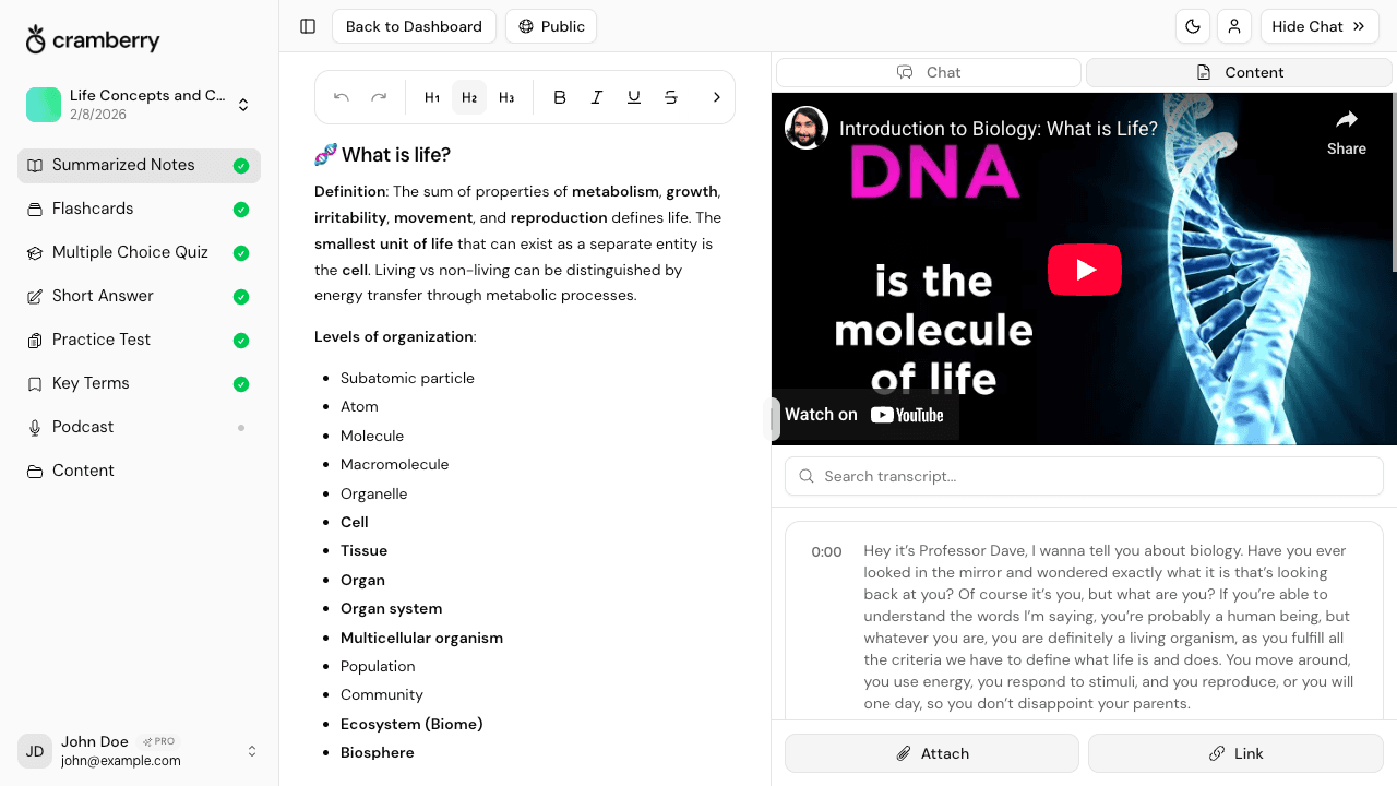 AI converting a video lecture into structured study notes with headings and key points