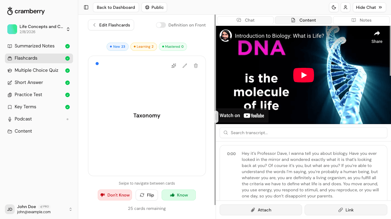 Multiple study formats — notes, flashcards, and quizzes — generated from a single video