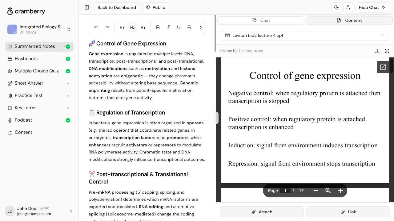 Gerador de notas com IA criando notas de estudo organizadas a partir de slides do PowerPoint - Cramberry conversor gratuito de PPT para notas
