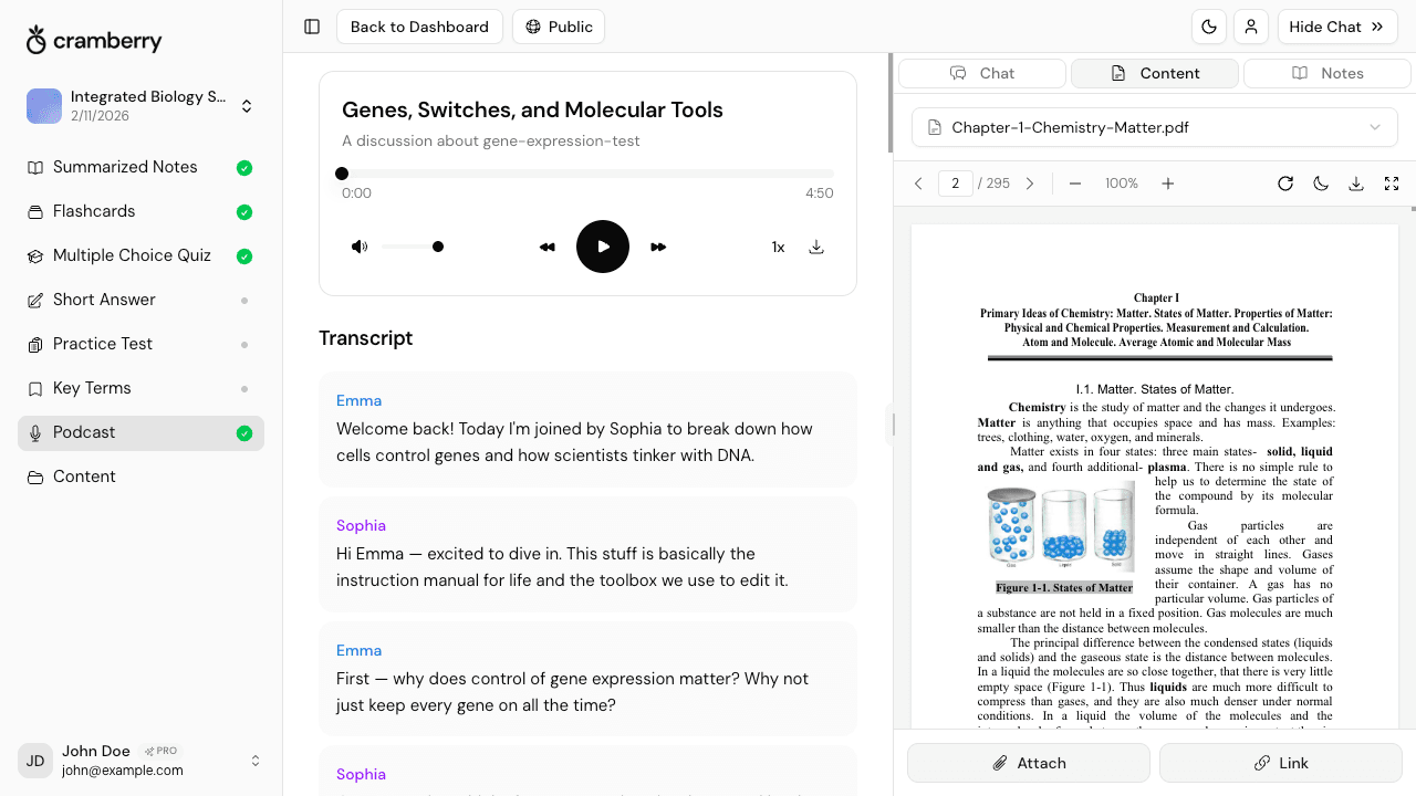 StudySet interface with sidebar navigation showing notes, flashcards, quizzes, and AI chat all in one view