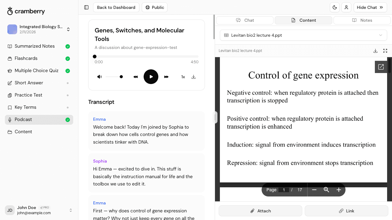 Cramberry StudySet interface showing a study podcast alongside notes, flashcards, and the AI chat tutor panel