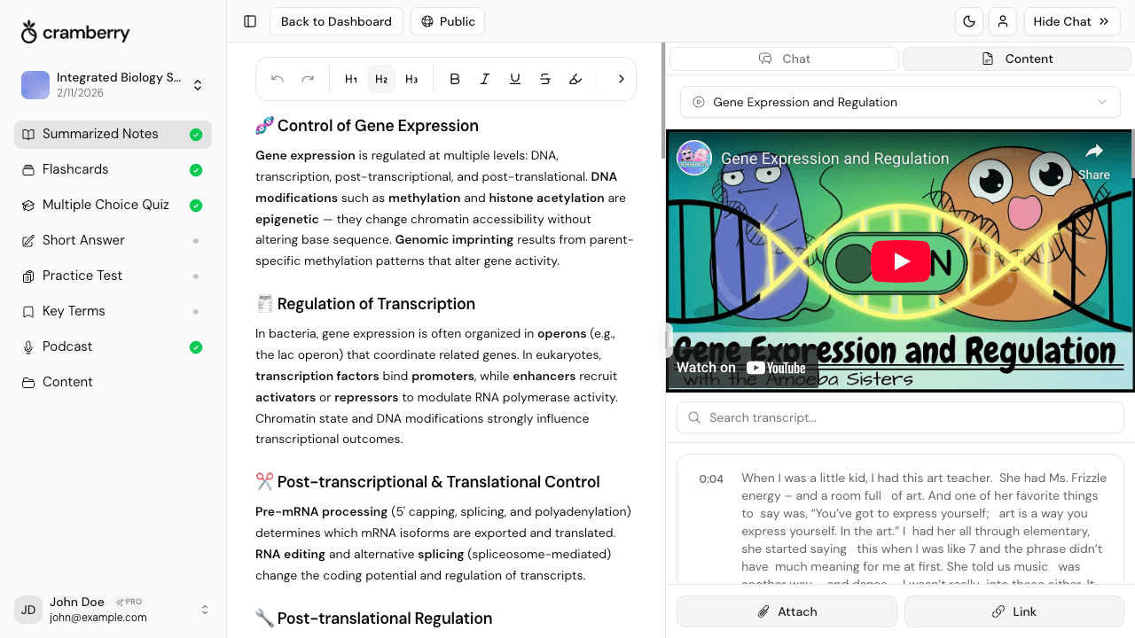 File upload interface showing a PDF, slide deck, and YouTube link being added to Cramberry to create a study podcast