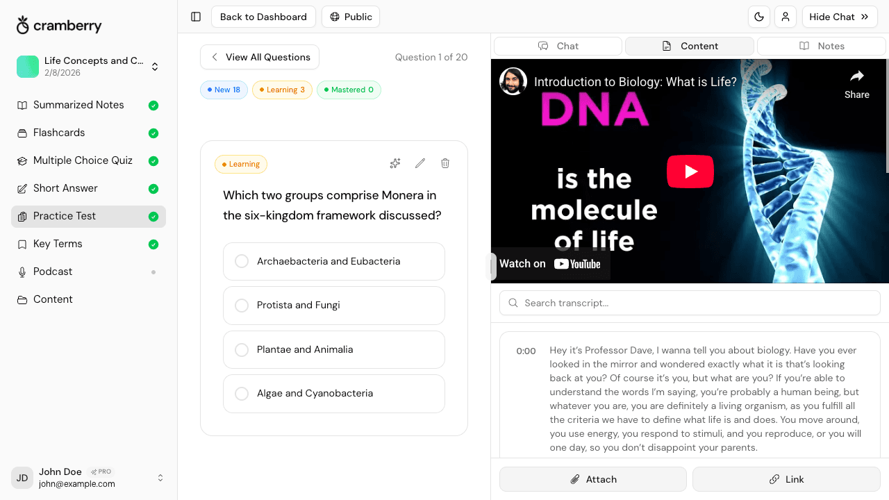 Cramberry generating a practice test from uploaded lecture notes and PDF textbook pages
