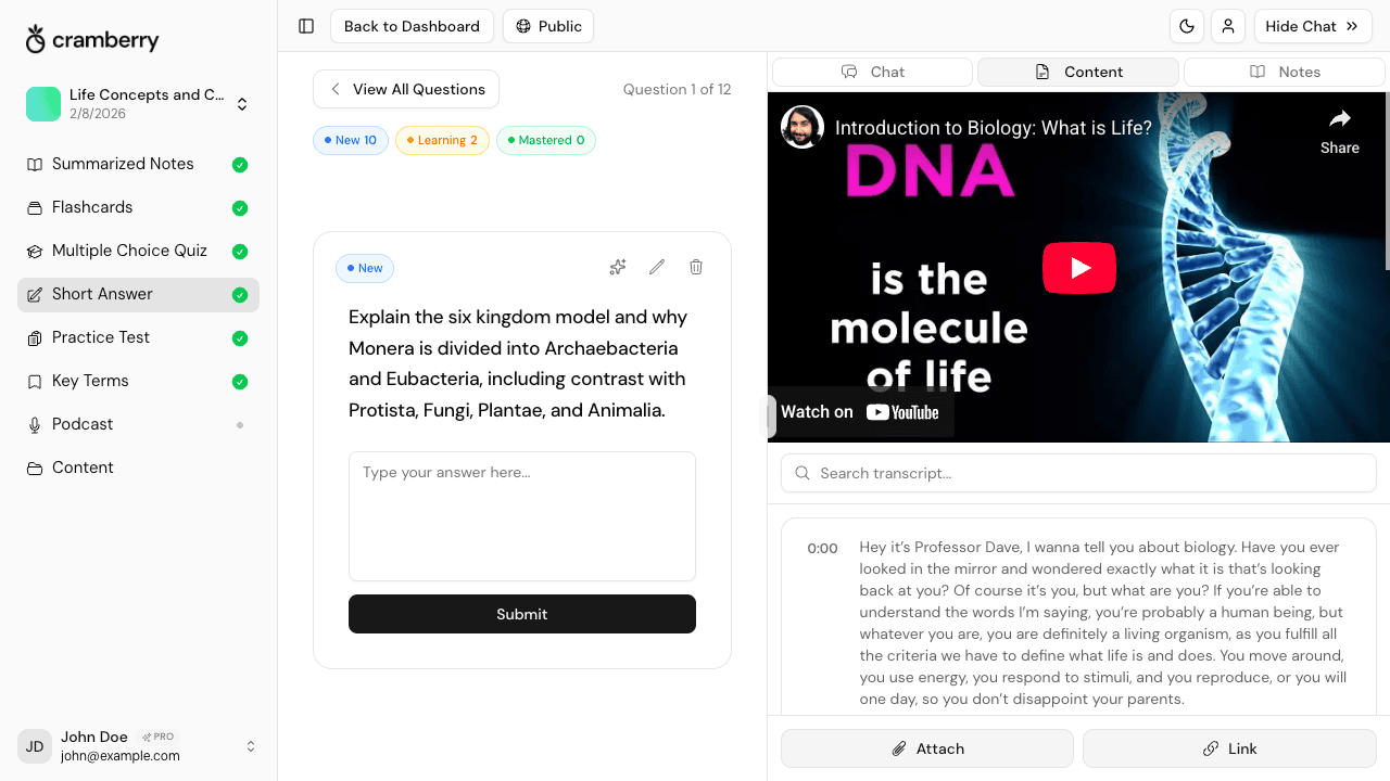 Cramberry StudySet showing notes, flashcards, quiz, and practice test generated from one set of uploaded study materials