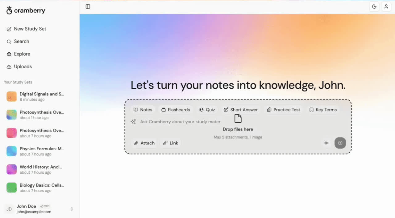 Upload PDFs, YouTube videos, and documents to Cramberry AI study tool