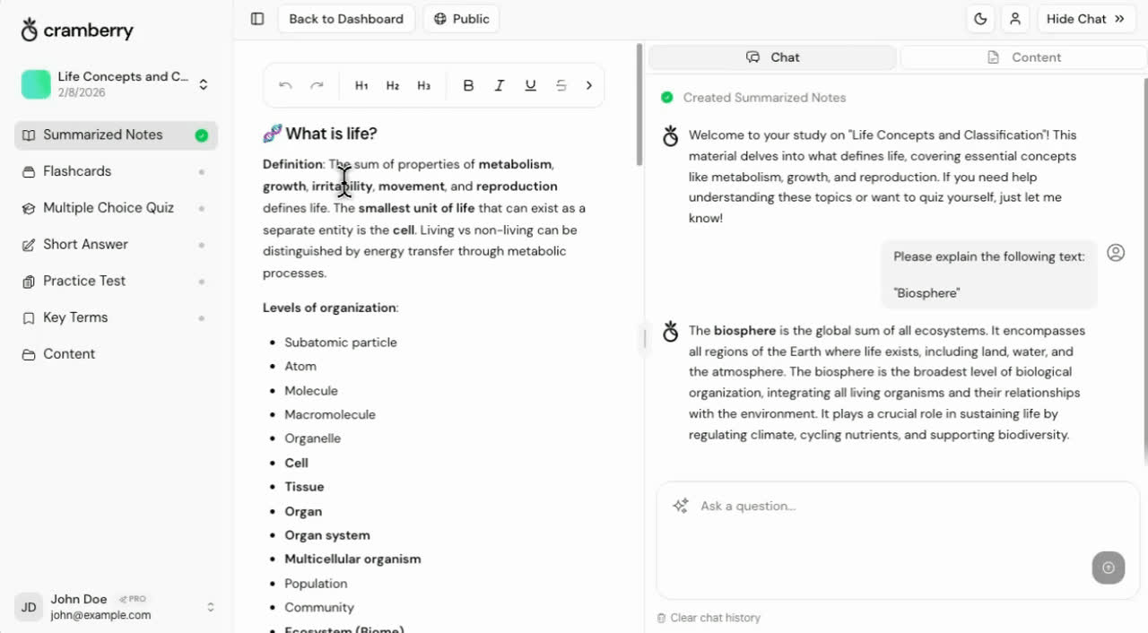 AI study tool generating summarized notes from uploaded content